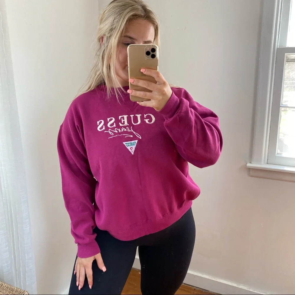 Guess Jeans Vintage Y2K Crewneck Maroon Spellout Sweatshirt Medium - Picture 1 of 9